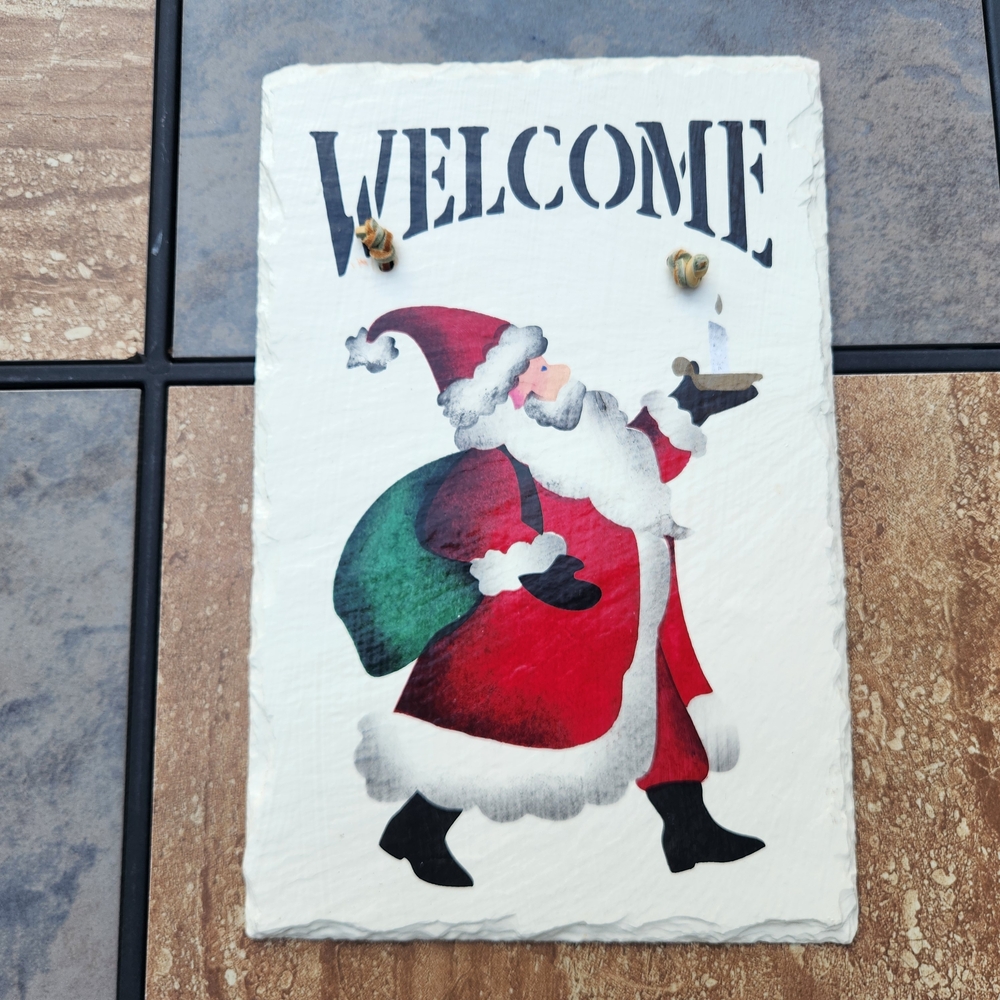 Santa Claus Painted Welcome Sign On Hanging Slate